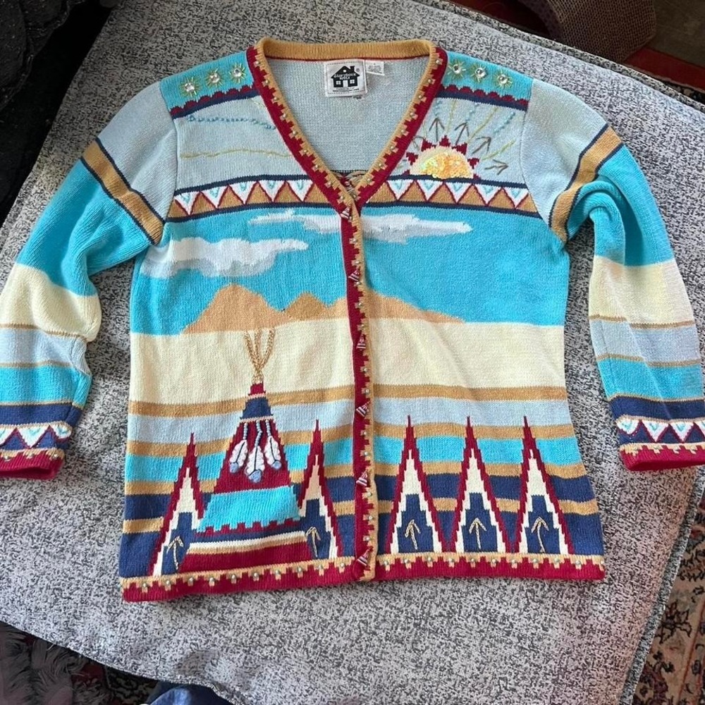 Vintage Unique Button STORYBOOK KNITS SKY SUNRISE TEEPEE BUTTON FRONT‎ CARDIGAN